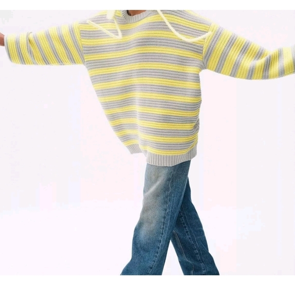 NEW Free People Links Pullover Oversized Sweater Yellow/Grey Stripe Combo Medium - Picture 2 of 7